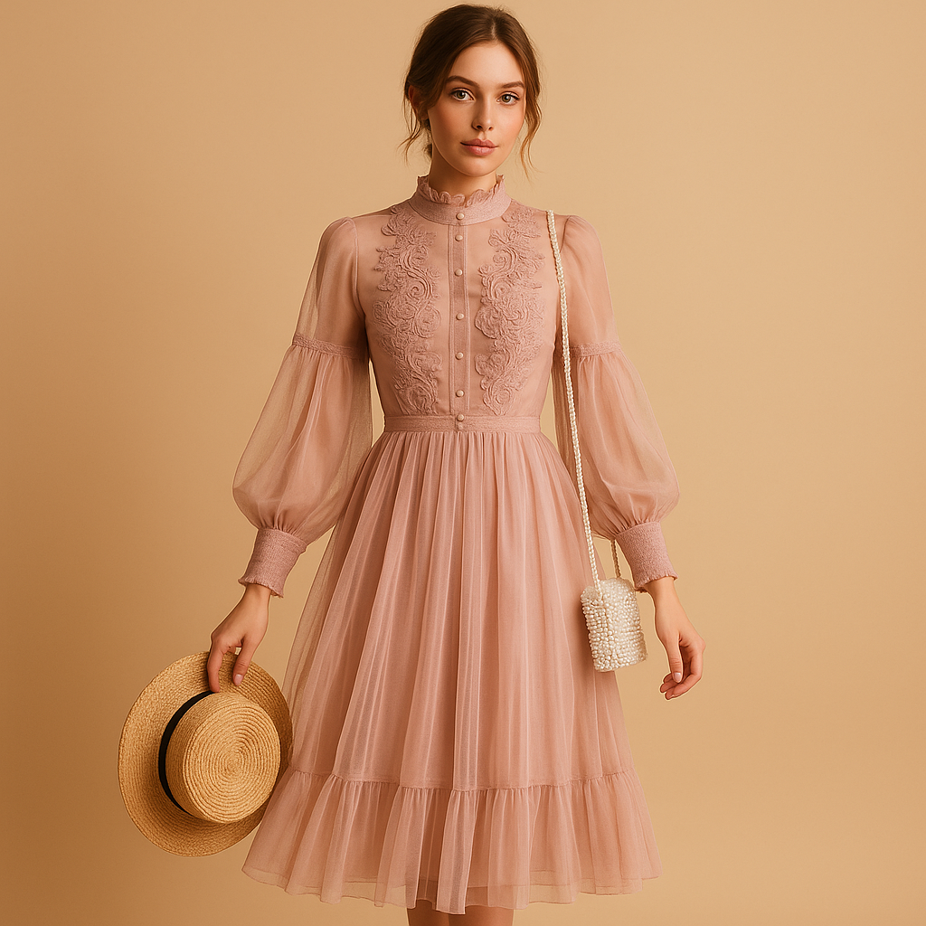 Elegant floral dress with stand-up collar for women.