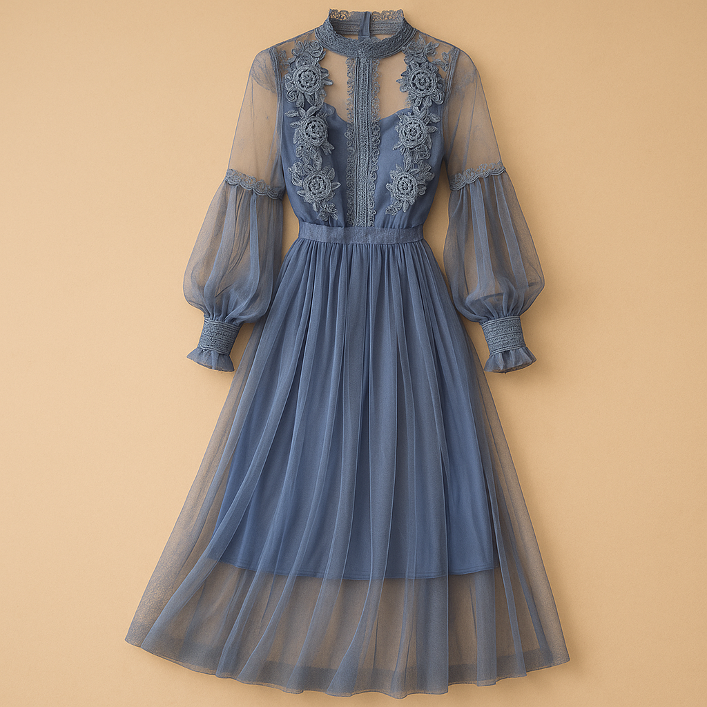 Elegant floral dress with stand-up collar for women.