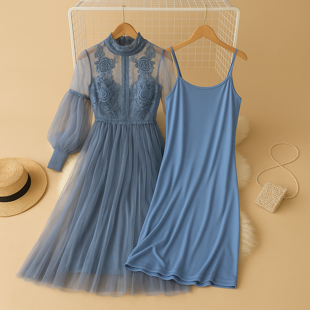Elegant floral dress with stand-up collar for women.