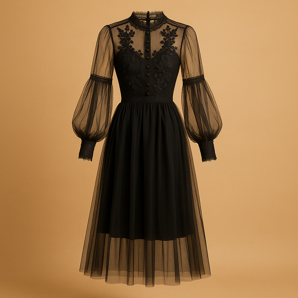 Elegant floral dress with stand-up collar for women.