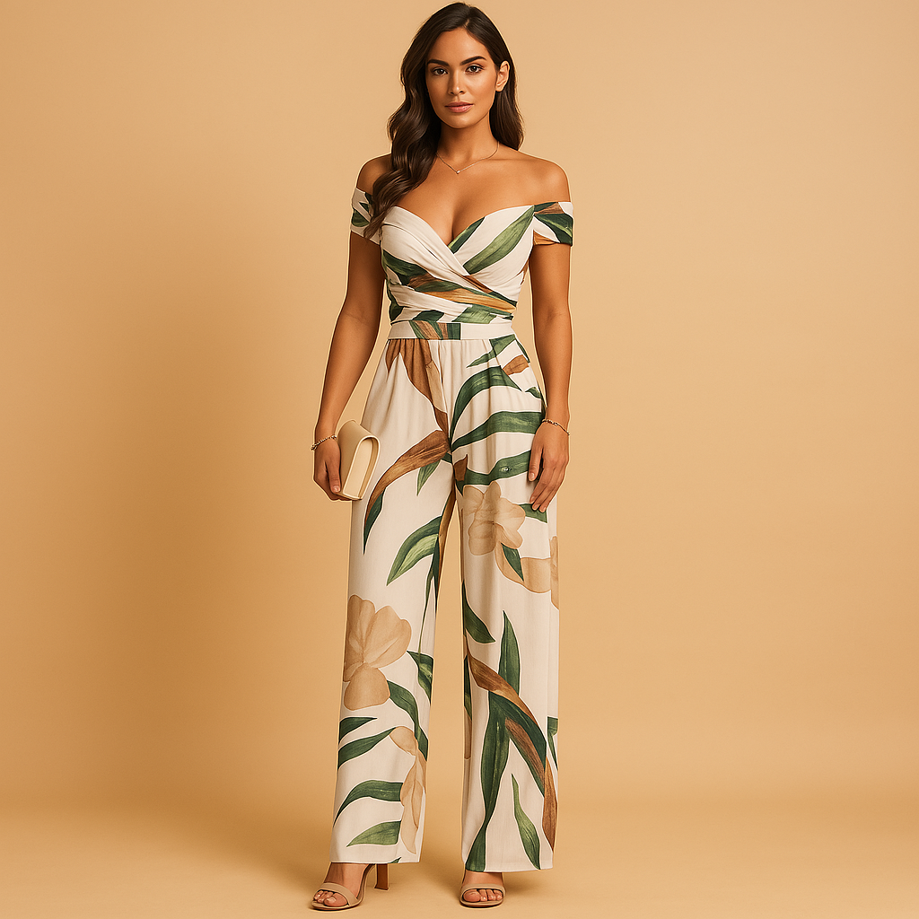Elegant off-shoulder jumpsuit with floral print for women.