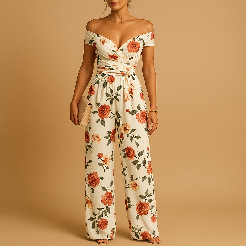 Elegant off-shoulder jumpsuit with floral print for women.