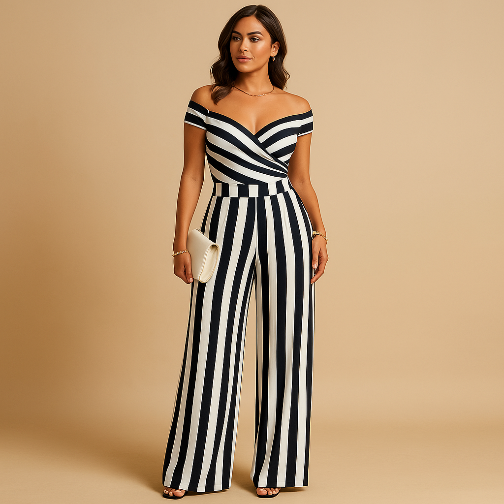Elegant off-shoulder jumpsuit with floral print for women.