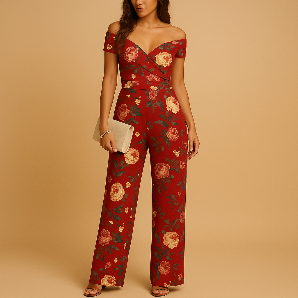 Elegant off-shoulder jumpsuit with floral print for women.
