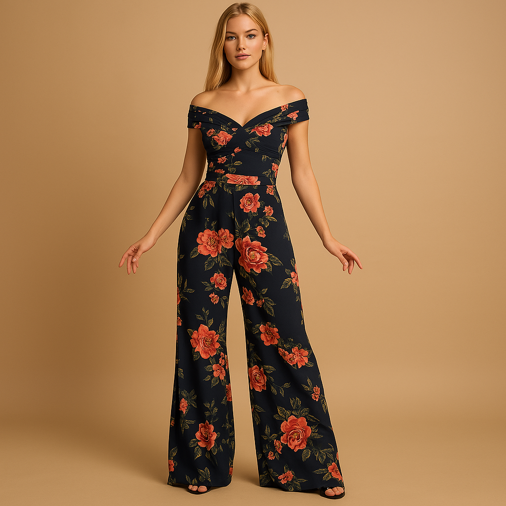 Elegant off-shoulder jumpsuit with floral print for women.