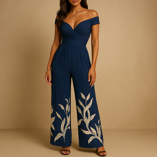 Elegant off-shoulder jumpsuit with floral print for women.