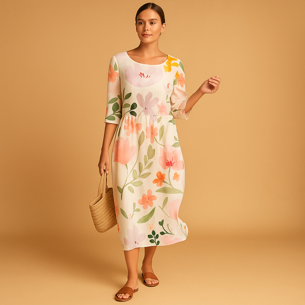 Elegant flowy midi dress for women.