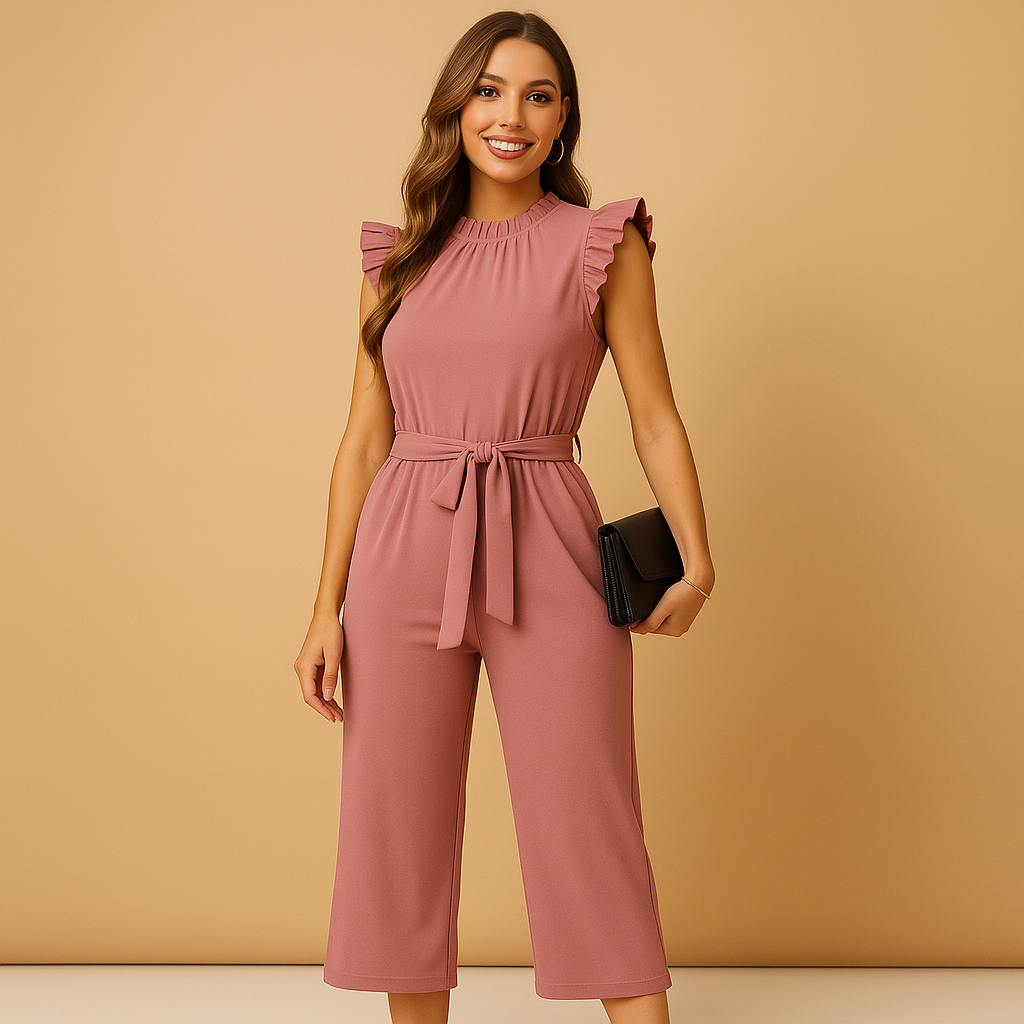 Elegant jumpsuit with belt and cap sleeves for women.