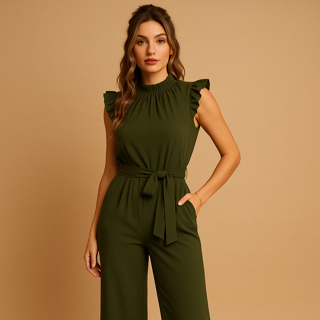 Elegant jumpsuit with belt and cap sleeves for women.