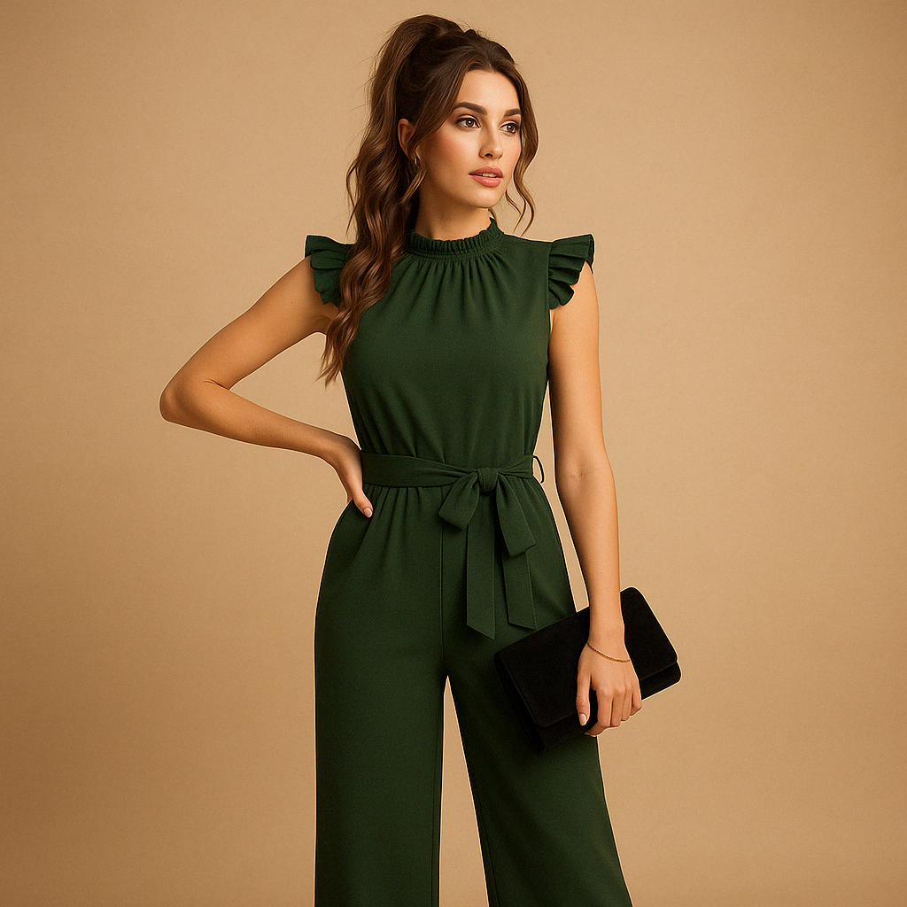 Elegant jumpsuit with belt and cap sleeves for women.