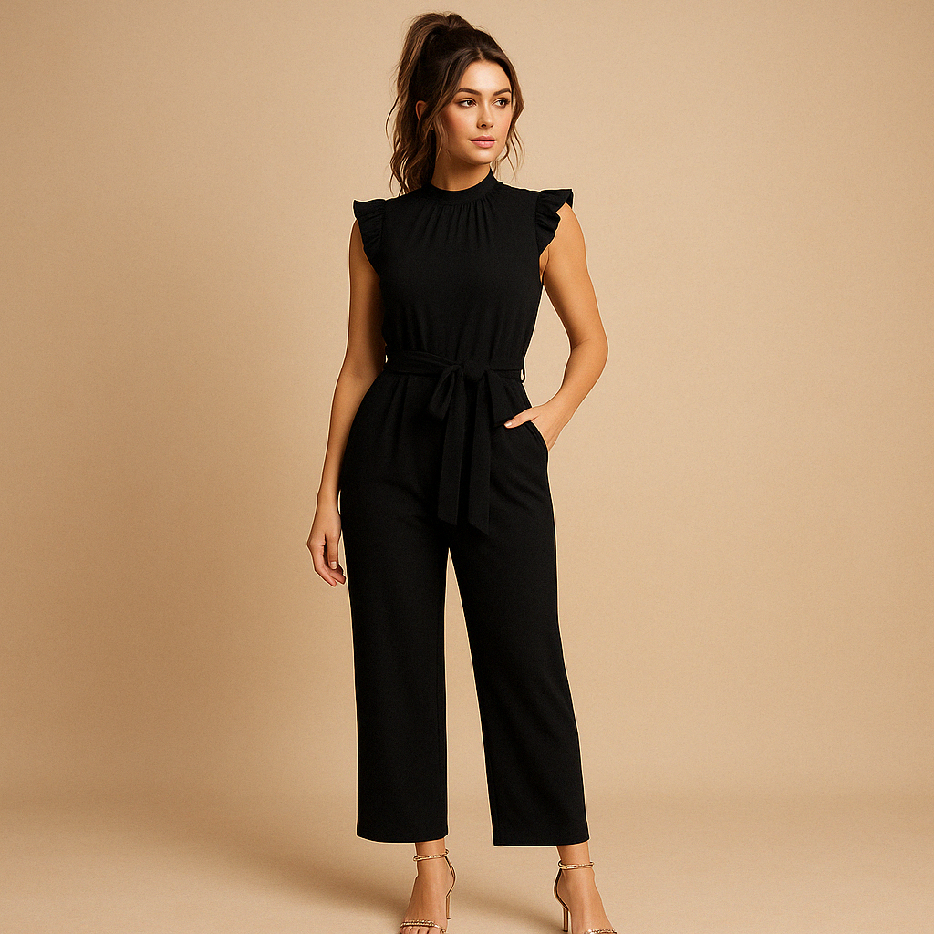 Elegant jumpsuit with belt and cap sleeves for women.