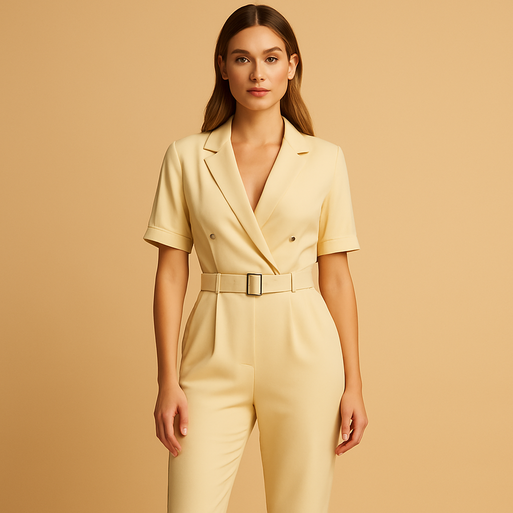 Elegant jumpsuit with collar and V-neck for women.