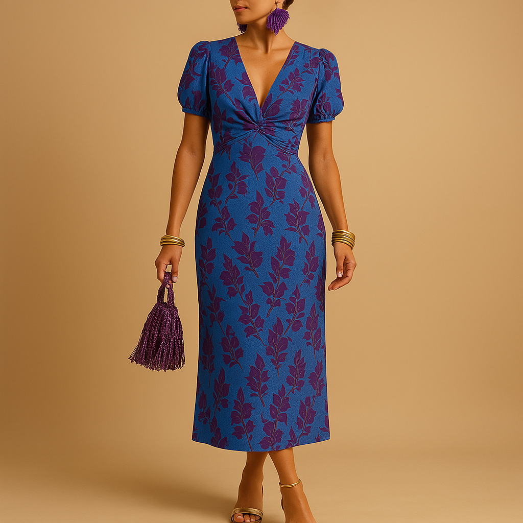 Elegant dress with puff sleeves and flattering fit for women.