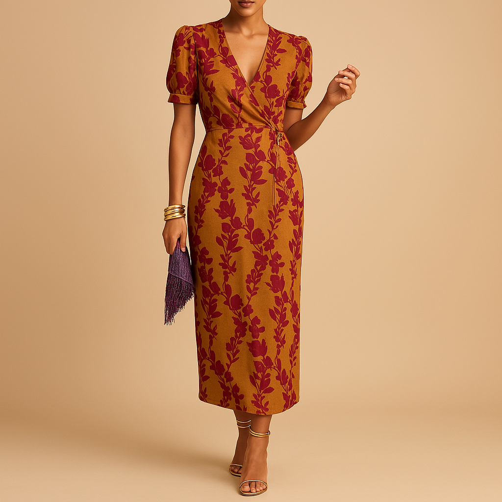 Elegant dress with puff sleeves and flattering fit for women.
