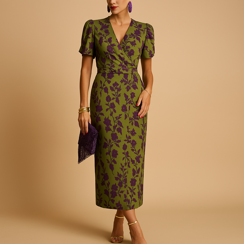 Elegant dress with puff sleeves and flattering fit for women.