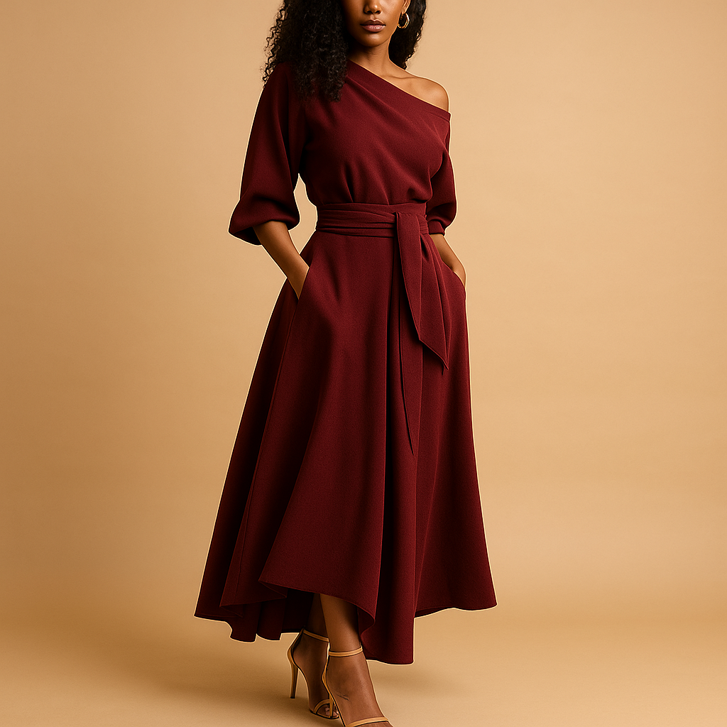 Elegant dress with waistband for women.