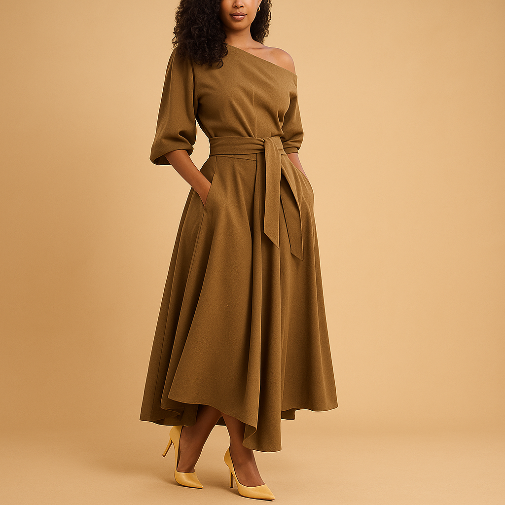Elegant dress with waistband for women.