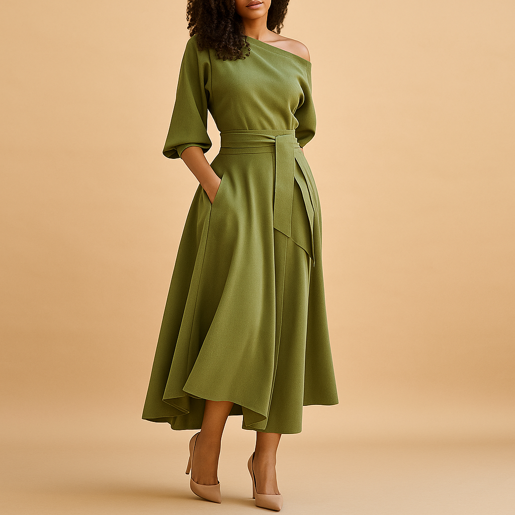 Elegant dress with waistband for women.