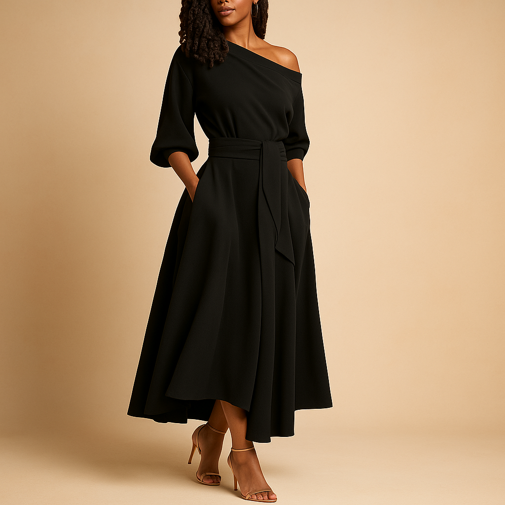 Elegant dress with waistband for women.