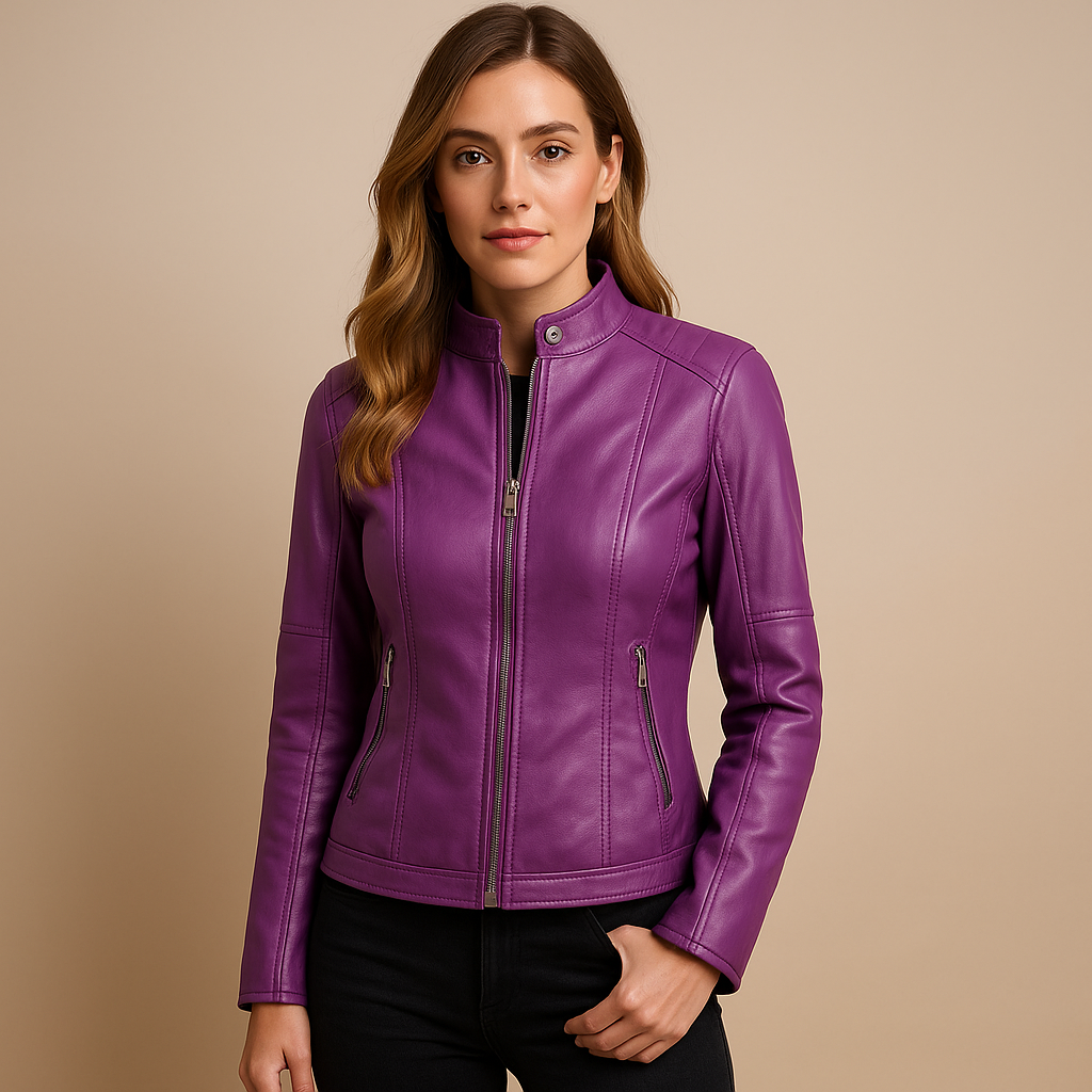 Elegant leather jacket with collar and zipper for women