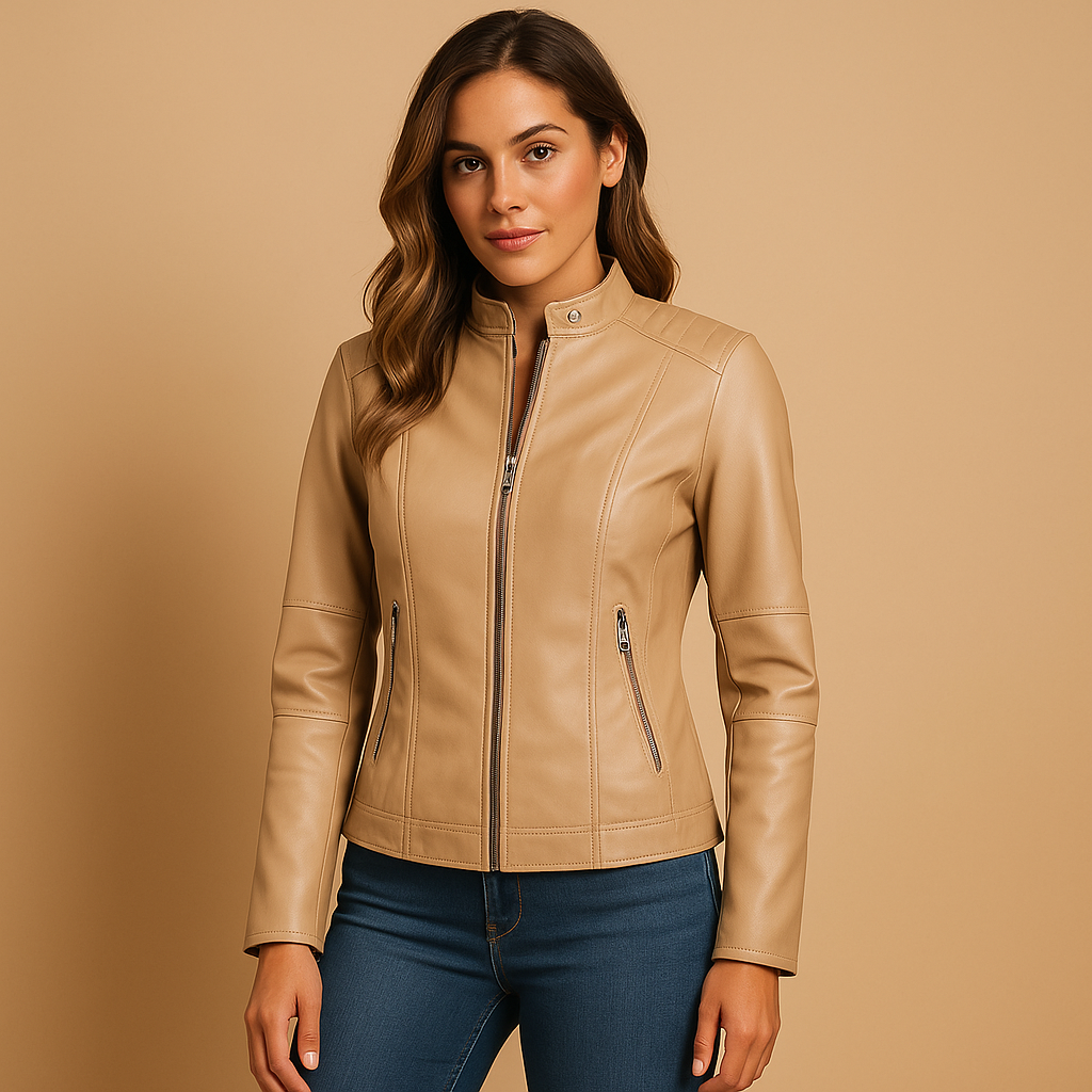 Elegant leather jacket with collar and zipper for women