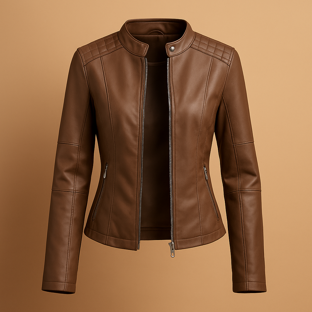 Elegant leather jacket with collar and zipper for women