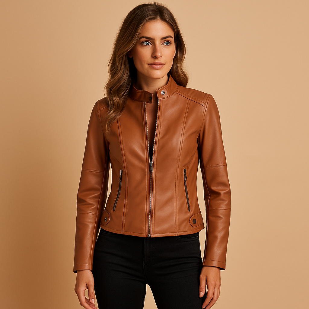 Elegant leather jacket with collar and zipper for women