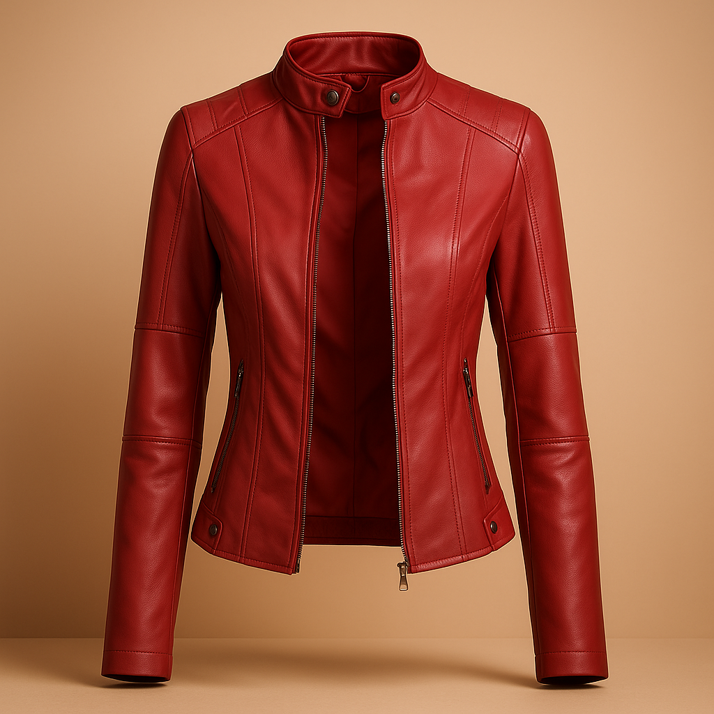 Elegant leather jacket with collar and zipper for women