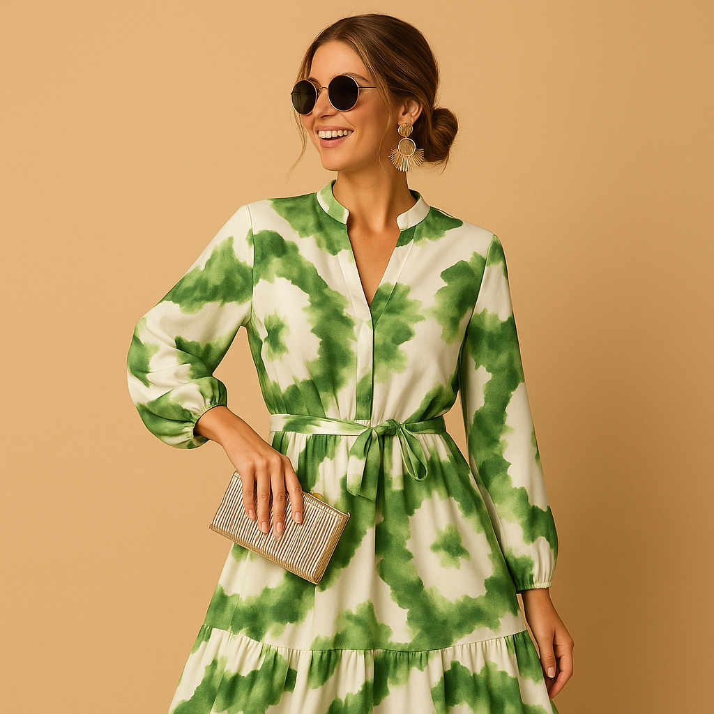 Maxi dress with V-neck and long sleeves for women.