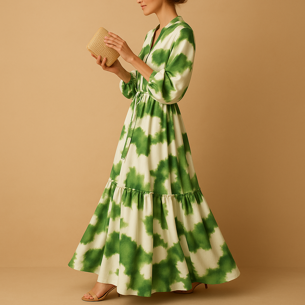 Maxi dress with V-neck and long sleeves for women.