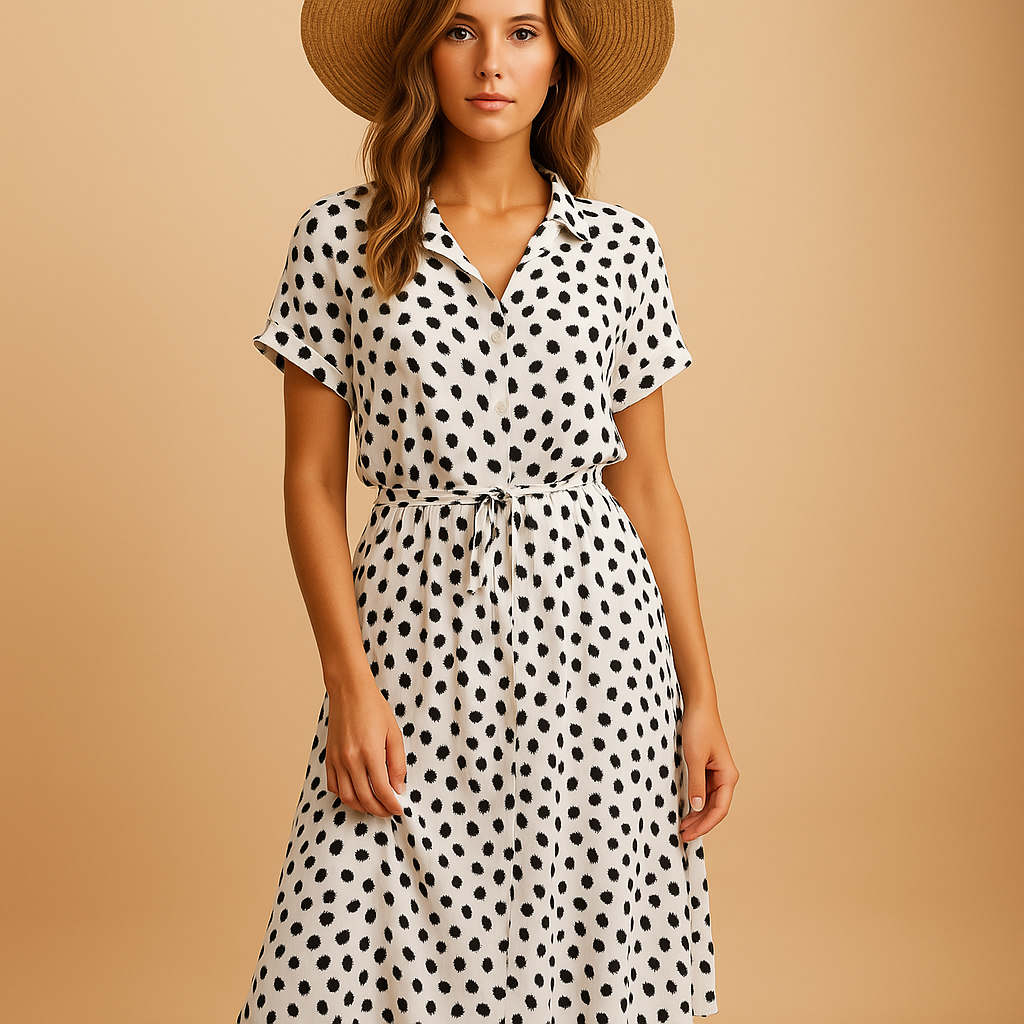 Elegant midi dress with short sleeves for women.