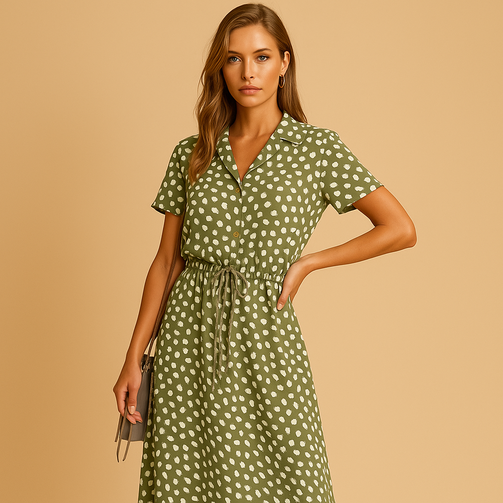 Elegant midi dress with short sleeves for women.
