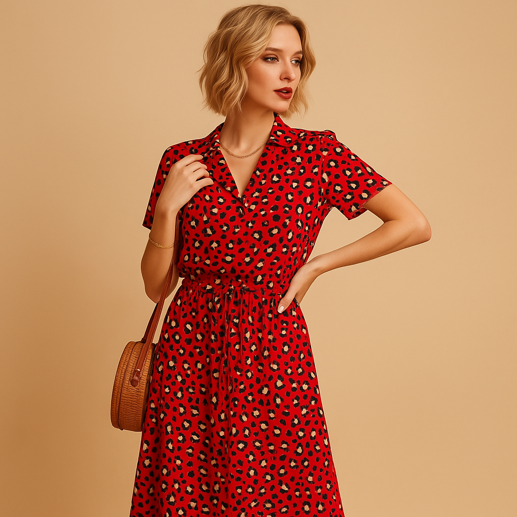 Elegant midi dress with short sleeves for women.