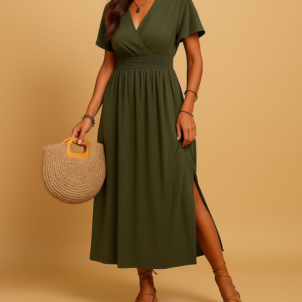 Elegant midi dress with V-neck and slim fit for women.