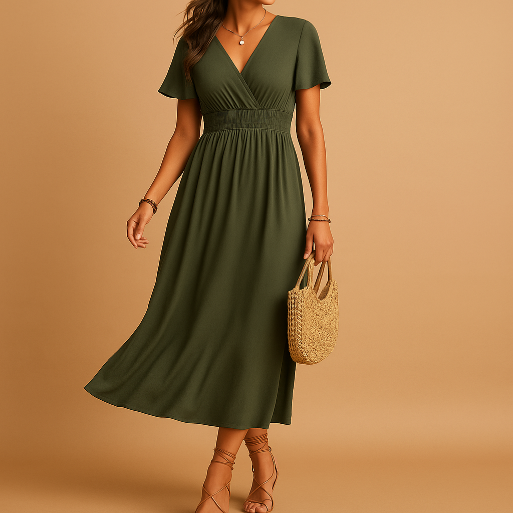 Elegant midi dress with V-neck and slim fit for women.