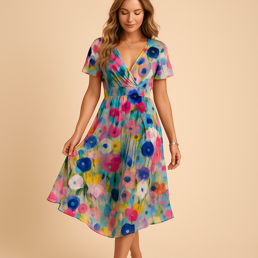 Elegant V-neck dress with a flattering fit for women.