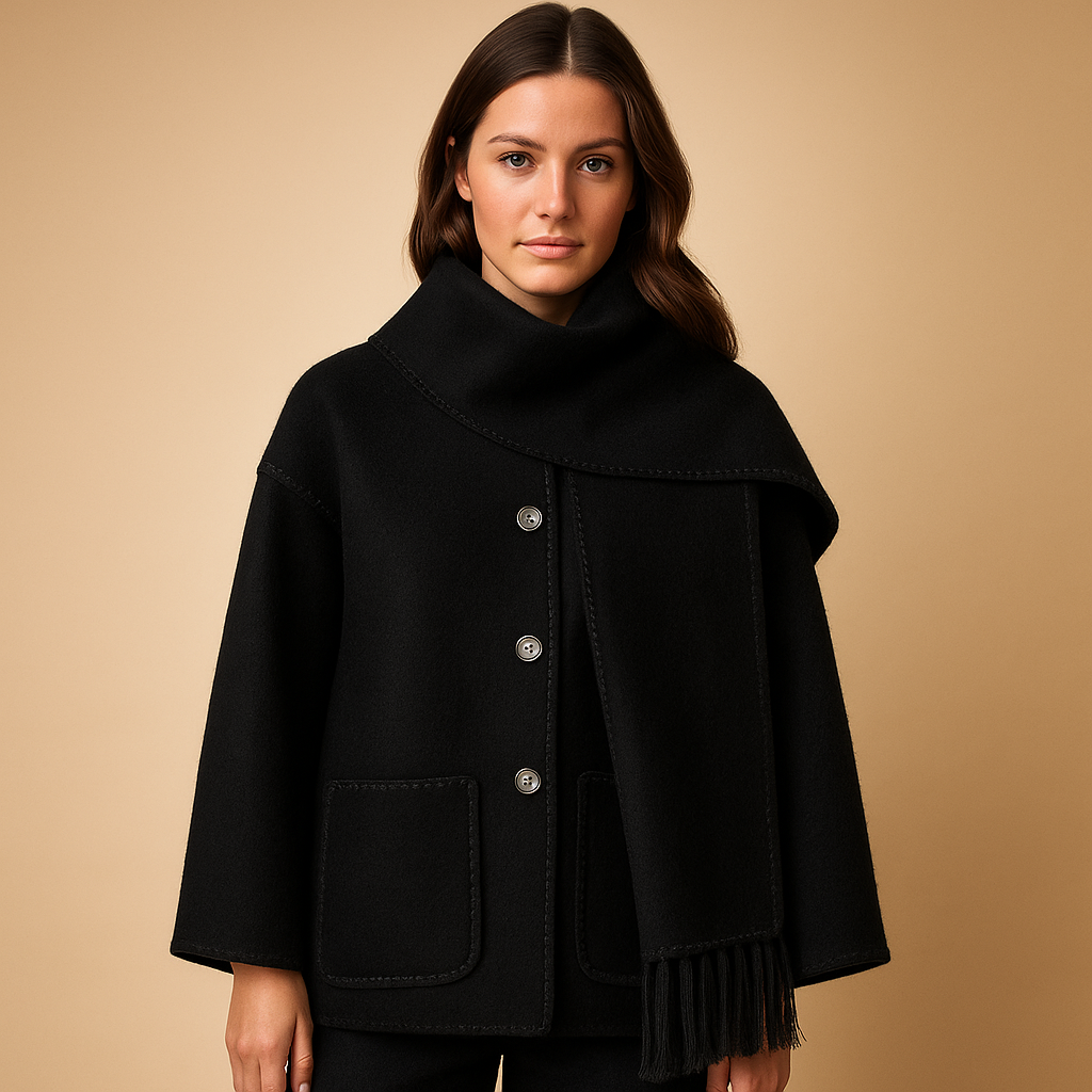 Elegant winter coat with belt and scarf for women
