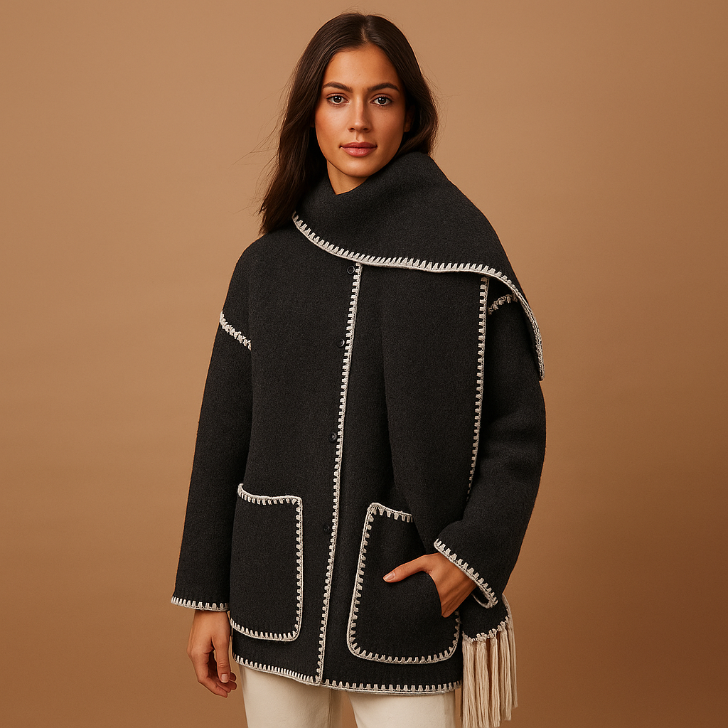 Elegant winter coat with belt and scarf for women