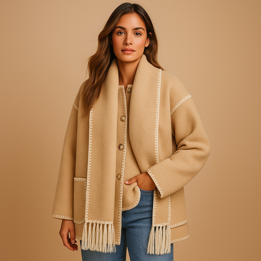 Elegant winter coat with belt and scarf for women