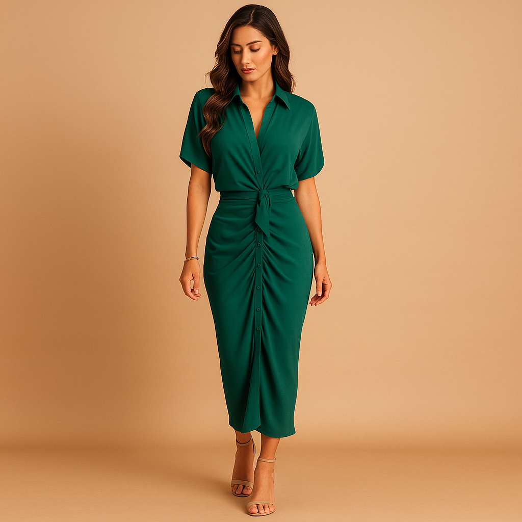 Ankle-length dress with draping and V-neck for women.