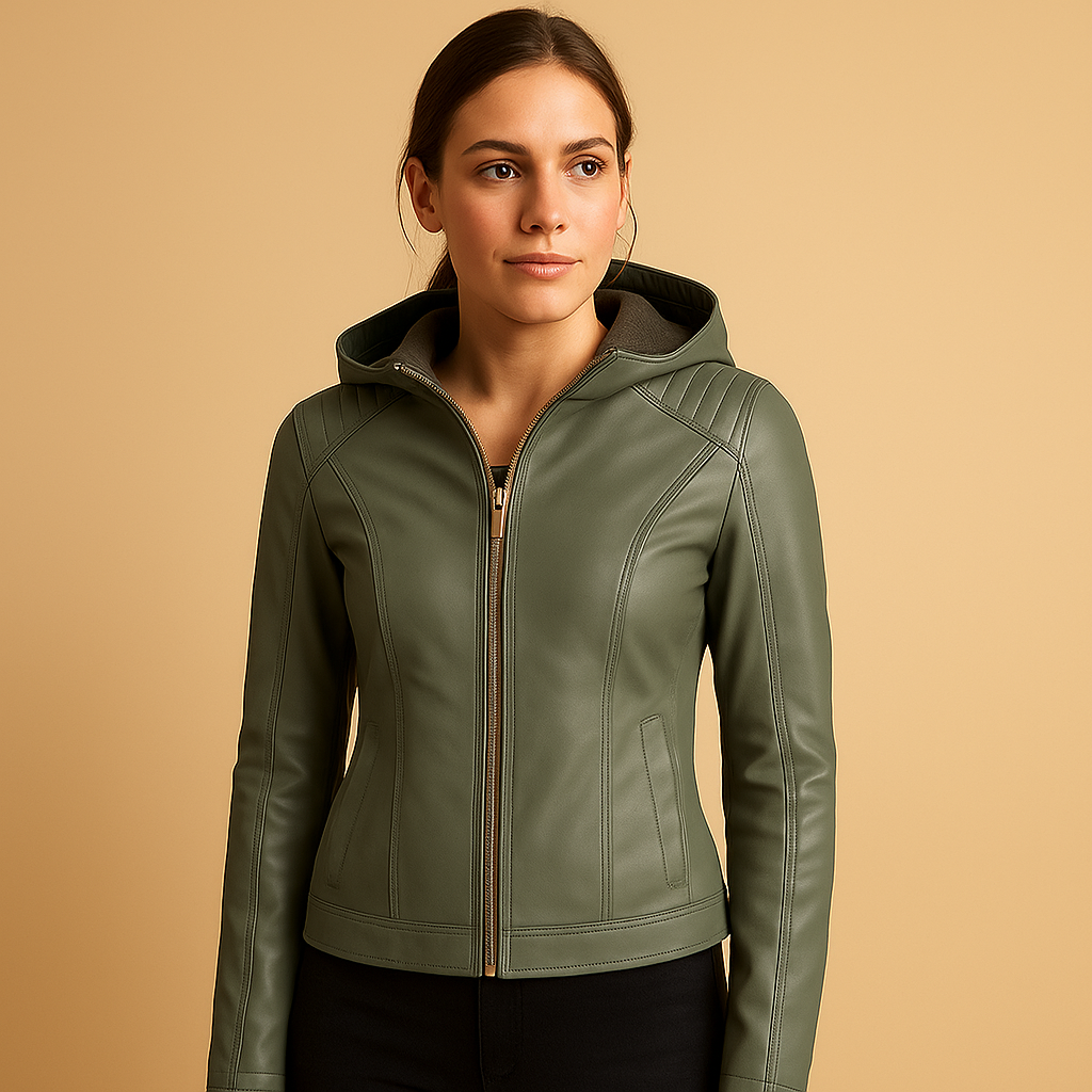 Faux leather jacket with hood for women