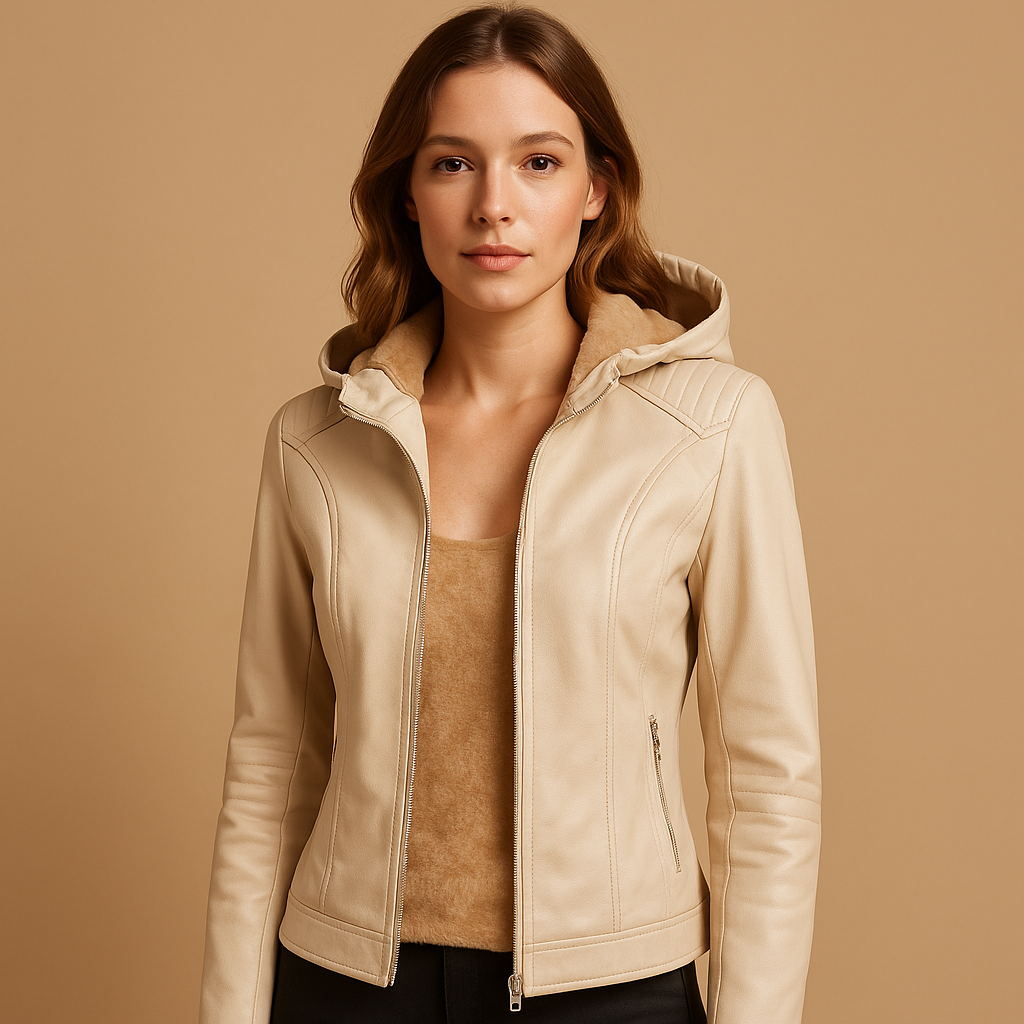 Faux leather jacket with hood for women