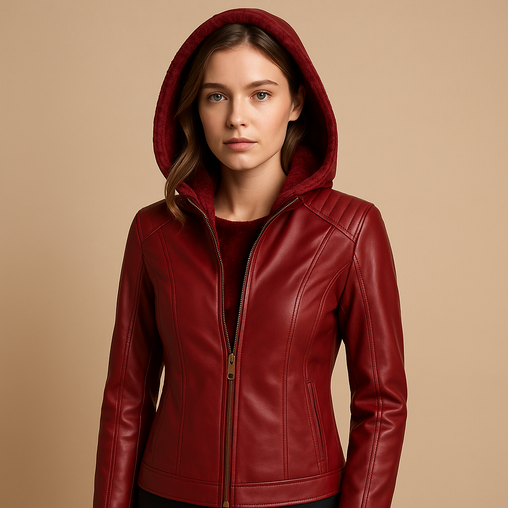 Faux leather jacket with hood for women