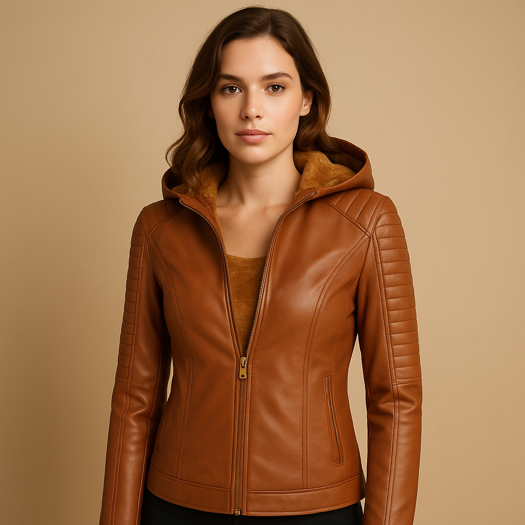 Faux leather jacket with hood for women