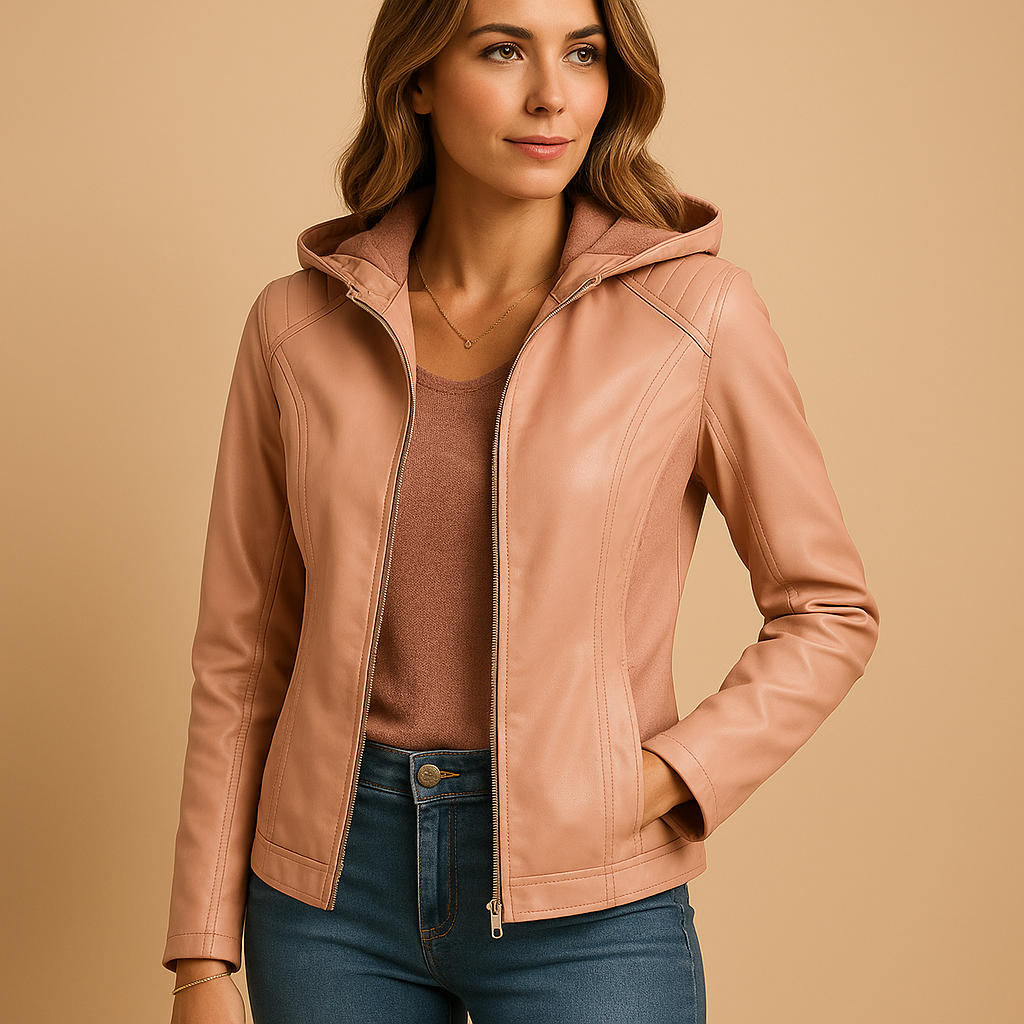 Faux leather jacket with hood for women
