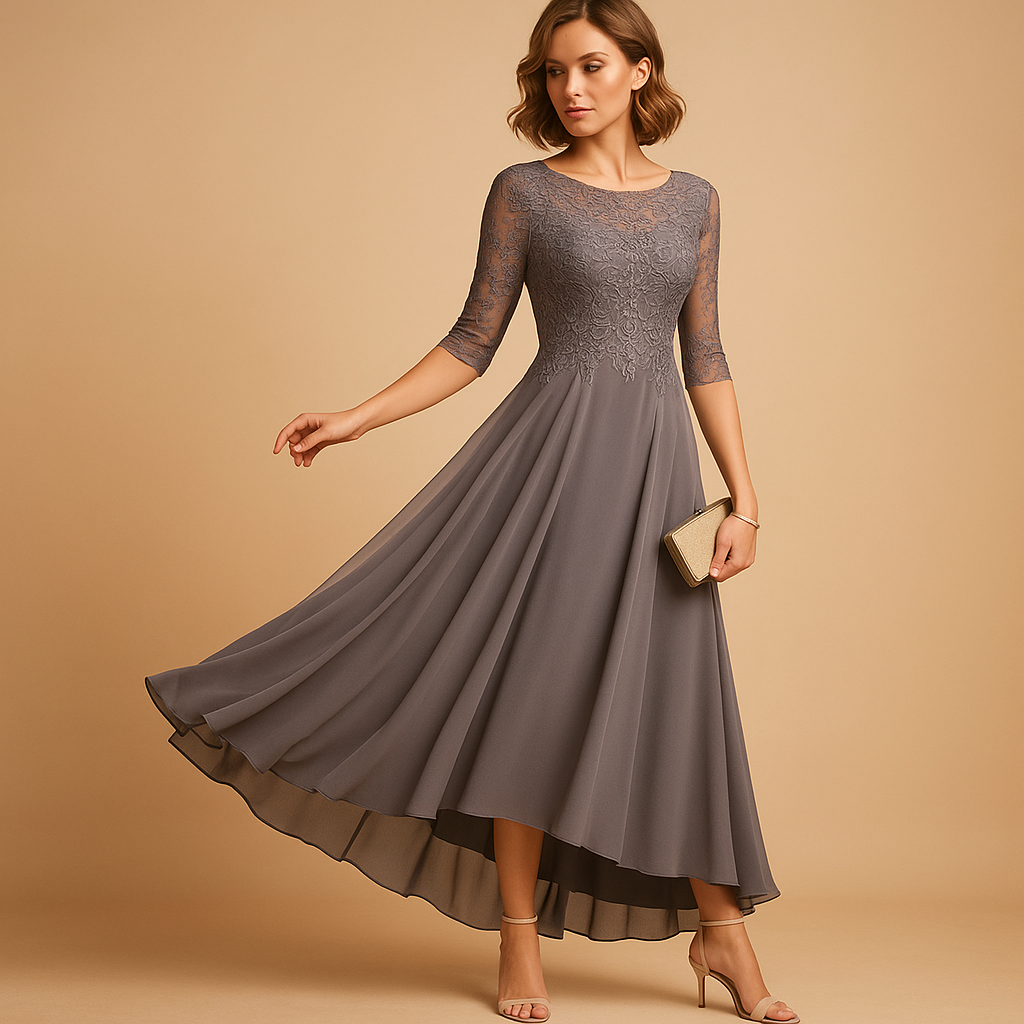 Party dress with lace details and flattering fit for women.