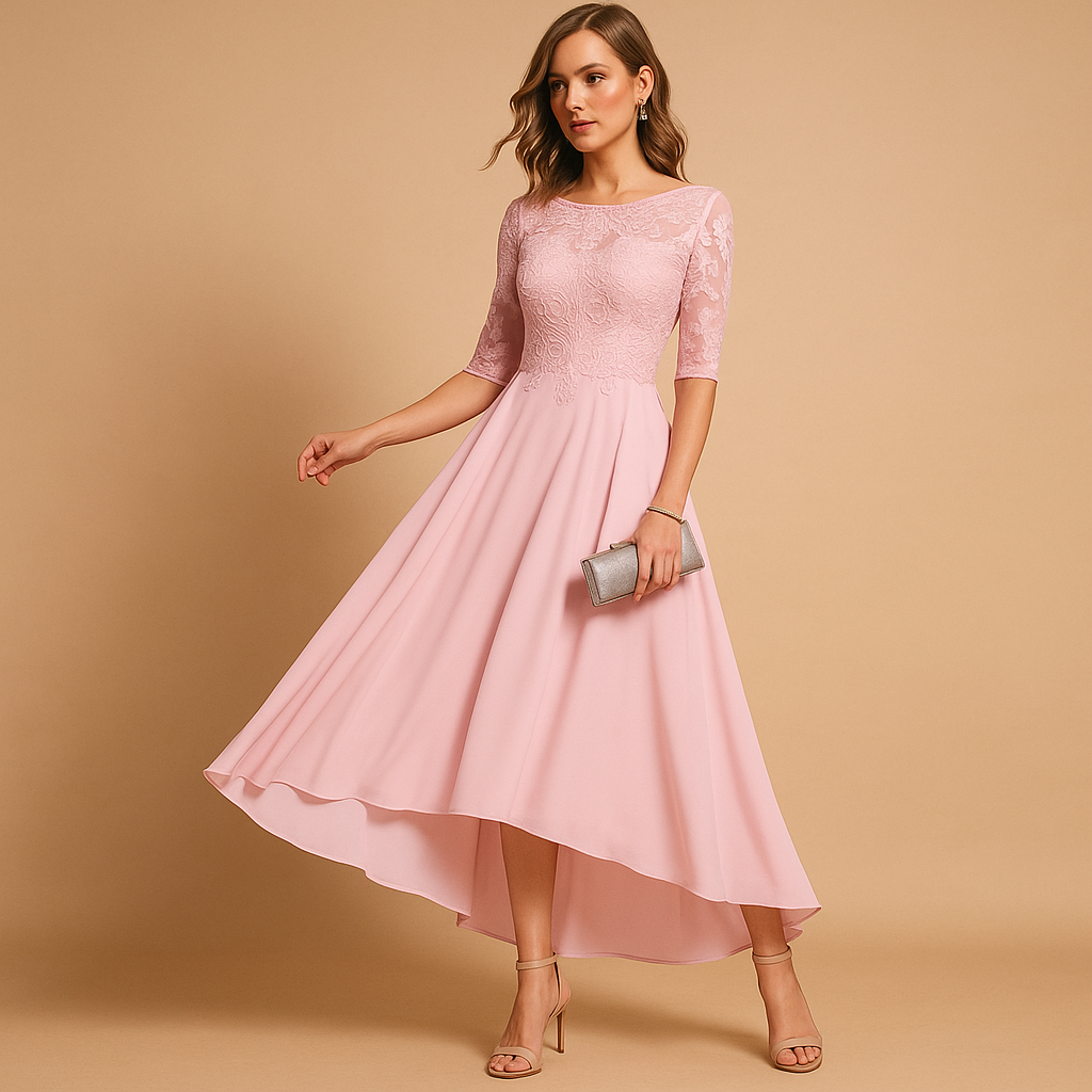 Party dress with lace details and flattering fit for women.