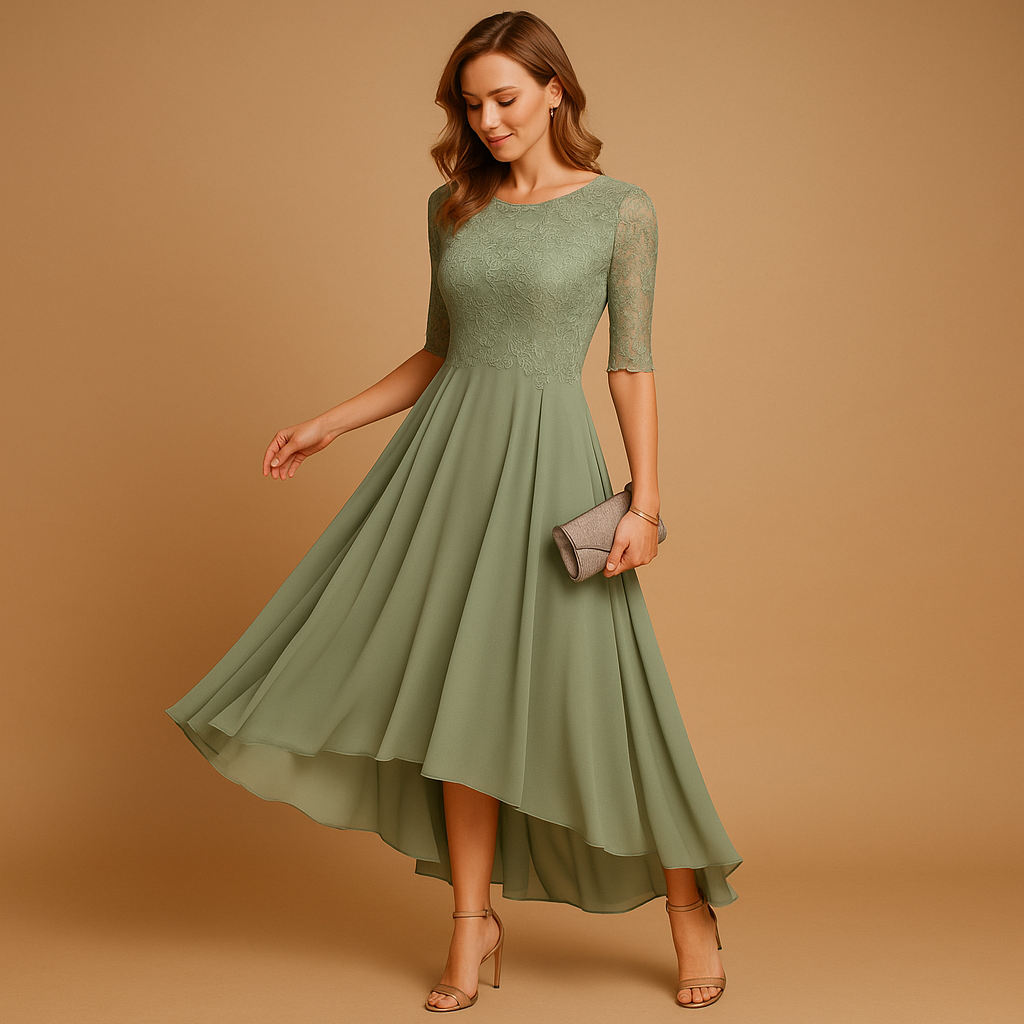 Party dress with lace details and flattering fit for women.