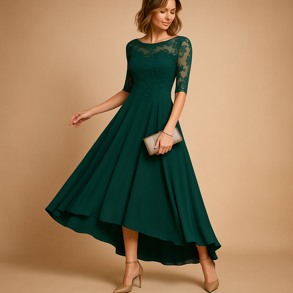 Party dress with lace details and flattering fit for women.