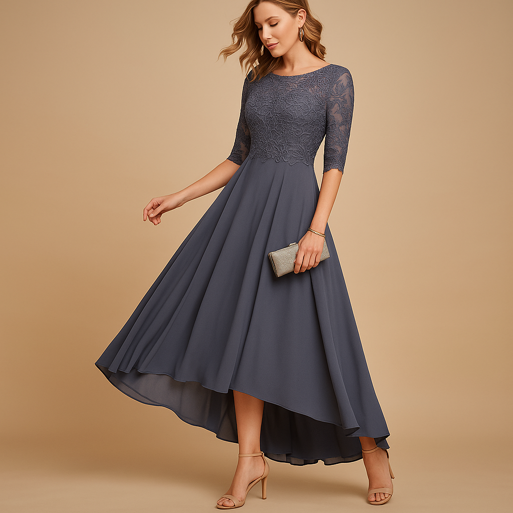 Party dress with lace details and flattering fit for women.